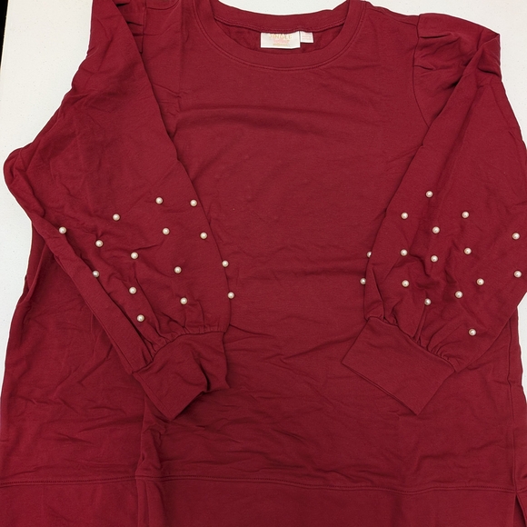 Women’s Pearl-Embellished Long Sleeve Top - Burgundy - Picture 7 of 7